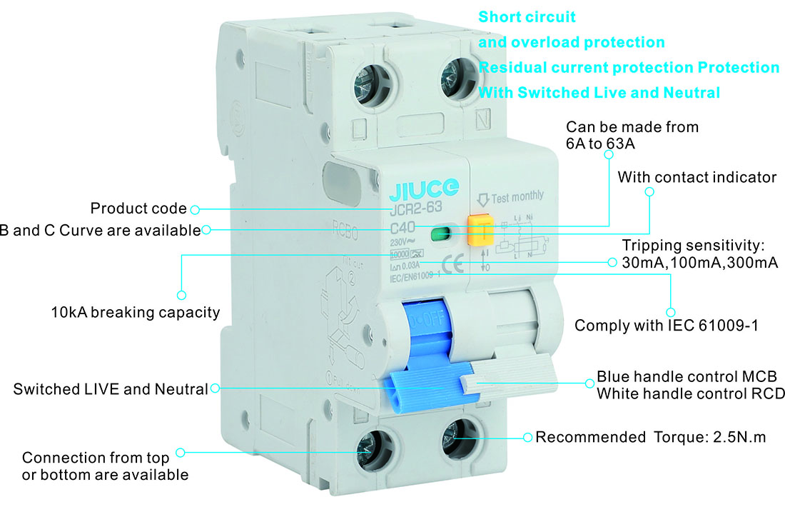 2 Pole RCBO With Switched Live and Neutral 6kA JCR2-63 (2)